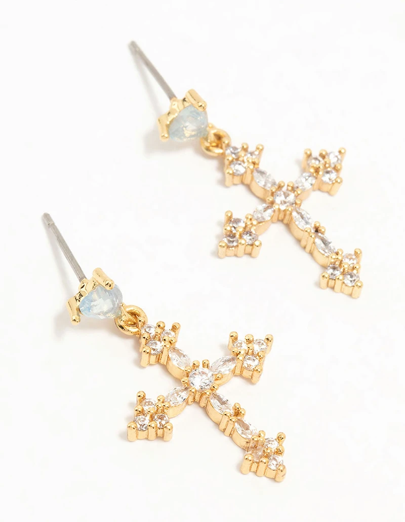 Gold Plated Cubic Zirconia Cross Drop Earrings
