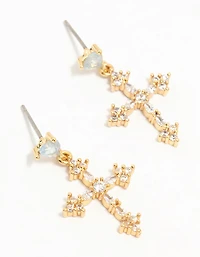 Gold Plated Cubic Zirconia Cross Drop Earrings