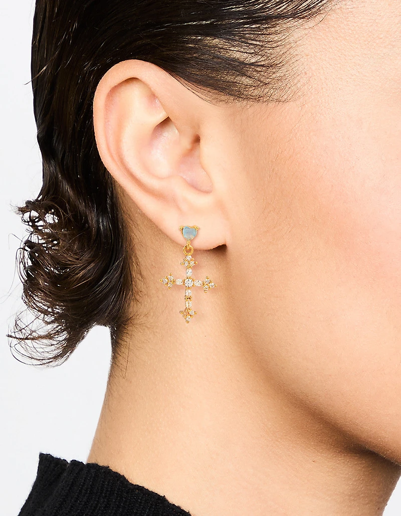 Gold Plated Cubic Zirconia Cross Drop Earrings