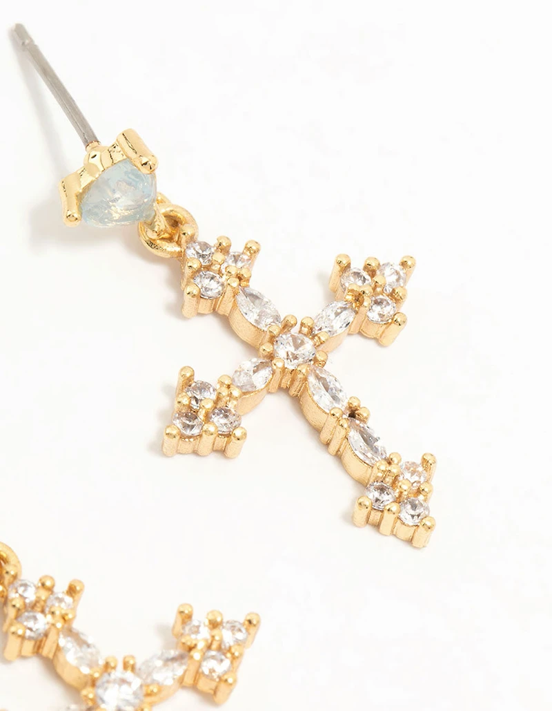 Gold Plated Cubic Zirconia Cross Drop Earrings