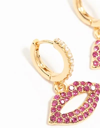 Gold Plated Pink Diamante Lips Huggie Earrings