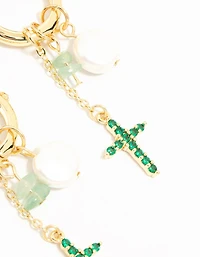 Gold Plated Green, Pearl & Cross Huggie Earrings
