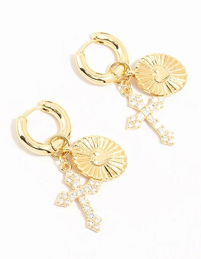 Gold Plated Cubic Zirconia Cross Huggie Earrings