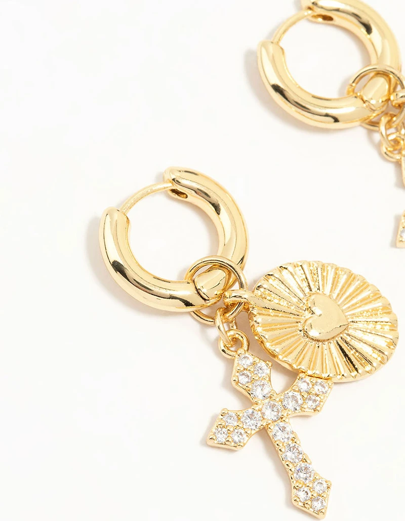 Gold Plated Cubic Zirconia Cross Huggie Earrings