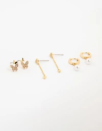 Gold Plated Cubic Zirconia Pearl & Butterfly Earrings 3-Pack