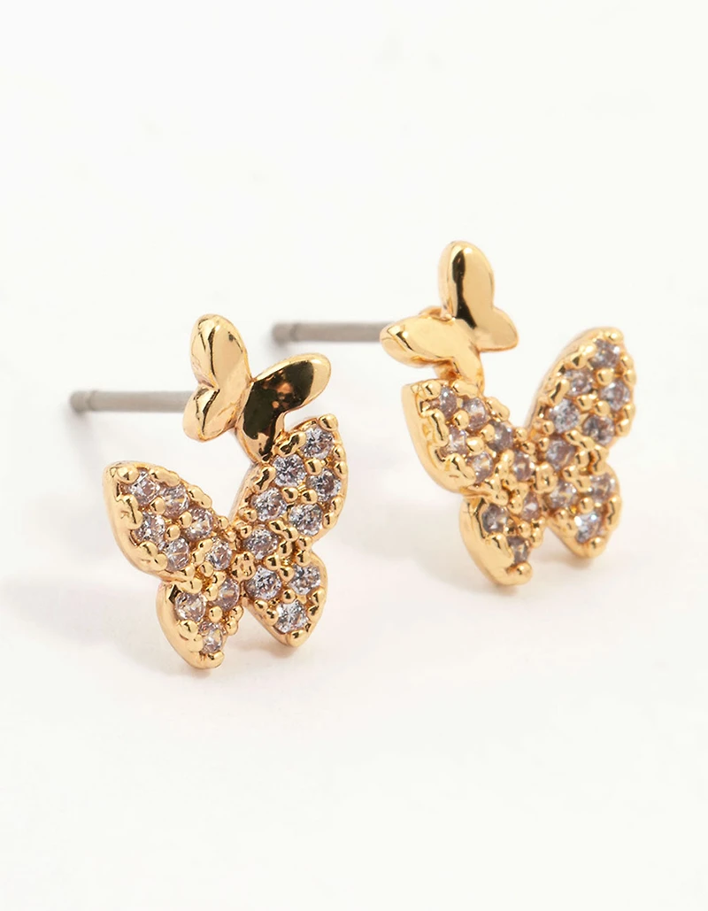 Gold Plated Cubic Zirconia Pearl & Butterfly Earrings 3-Pack