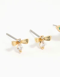 Gold Plated Blue Cubic Zirconia Butterfly & Bow Earrings 3-Pack