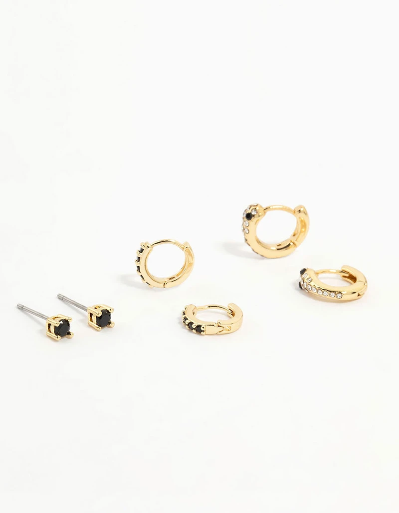 Gold Plated Black Cubic Zirconia Snake Huggie Earrings 3-Pack