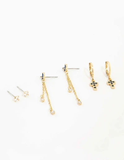 Gold Plated Cubic Zirconia & Cross Earrings 3-Pack