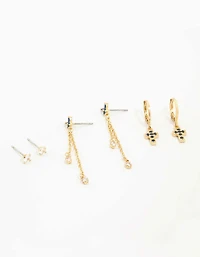 Gold Plated Cubic Zirconia & Cross Earrings 3-Pack