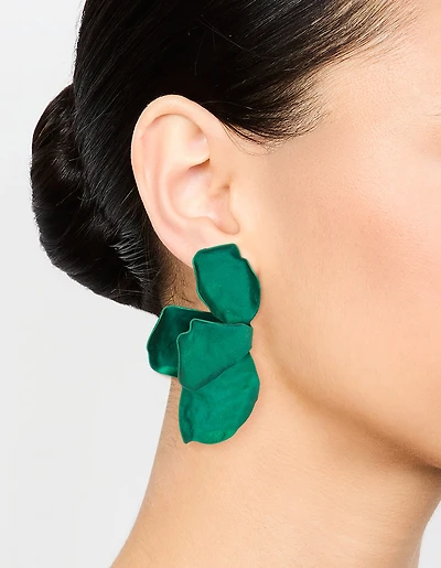 Dark Green Coated Metal Flower Petal Drop Earrings