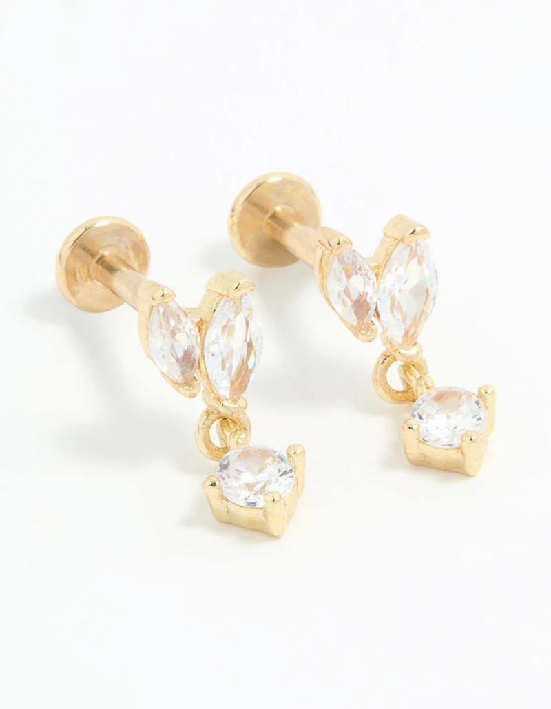 Gold Plated Surgical Steel Cubic Zirconia Flat Back Studs 2-Pack