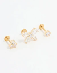 Gold Plated Surgical Steel Cubic Zirconia Bow Flat Back Studs 3-Pack