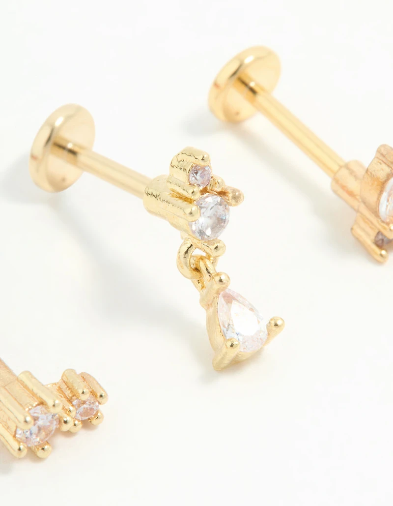 Gold Plated Surgical Steel Cubic Zirconia Triangular Flat Back Studs Pack