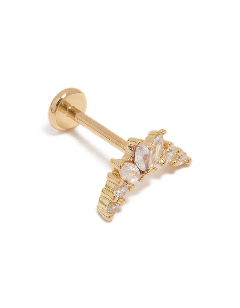 Gold Plated Titanium Cubic Zirconia Marquise Threadless Single Flat Back Stud