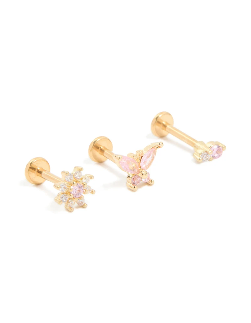 Gold Plated Titanium Pink Cubic Zirconia Butterfly & Flower Flat Back Studs 3-Pack