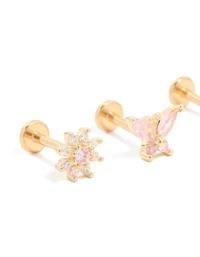 Gold Plated Titanium Pink Cubic Zirconia Butterfly & Flower Flat Back Studs 3-Pack