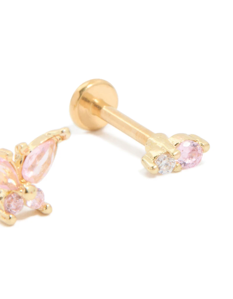 Gold Plated Titanium Pink Cubic Zirconia Butterfly & Flower Flat Back Studs 3-Pack