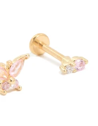 Gold Plated Titanium Pink Cubic Zirconia Butterfly & Flower Flat Back Studs 3-Pack