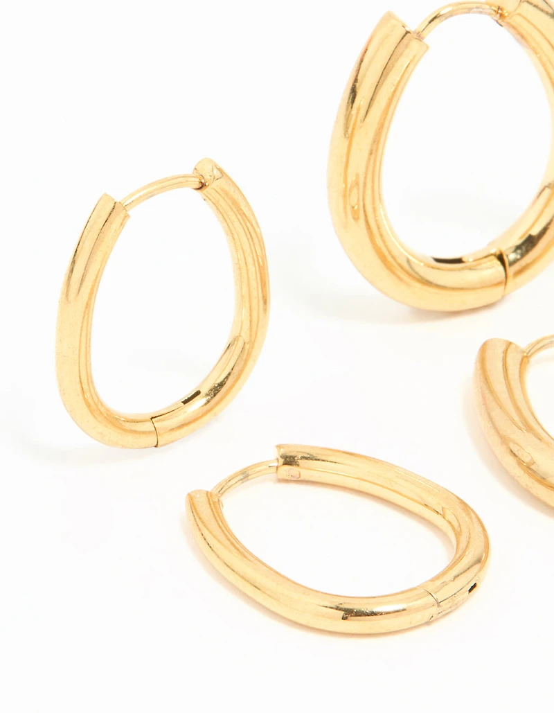 Waterproof Gold Plated Stainless Steel Oval Tube Hoop Earrings 2-Pack