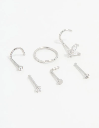 Surgical Steel Cubic Zirconia Butterfly Nose Piercings 6-Pack