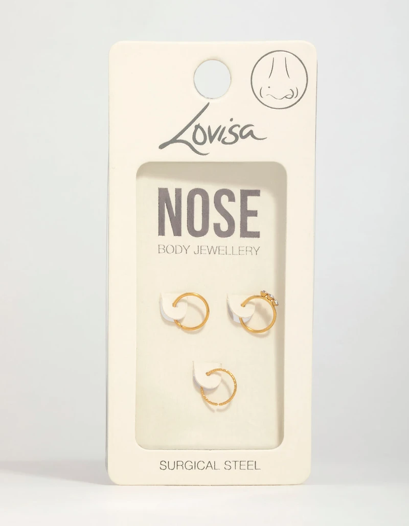 Gold Plated Surgical Steel Cubic Zirconia & Twisted Nose Rings 3-Pack