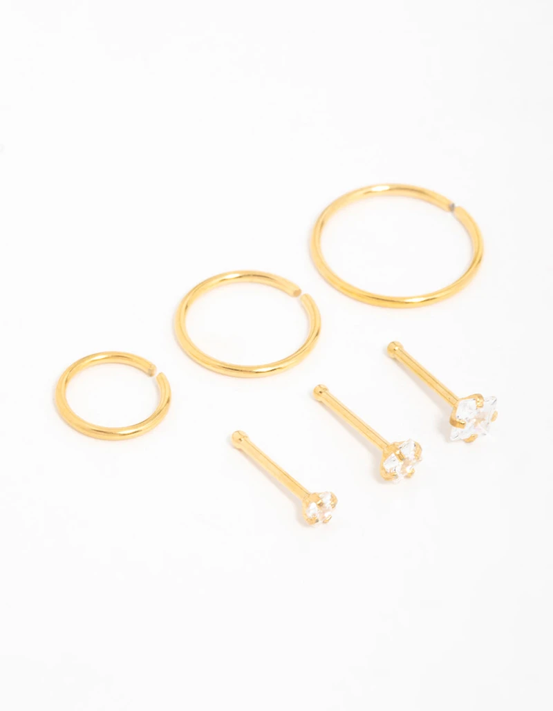 Gold Plated Surgical Steel Cubic Zirconia Stud & Hoop Nose Piercings 6-Pack