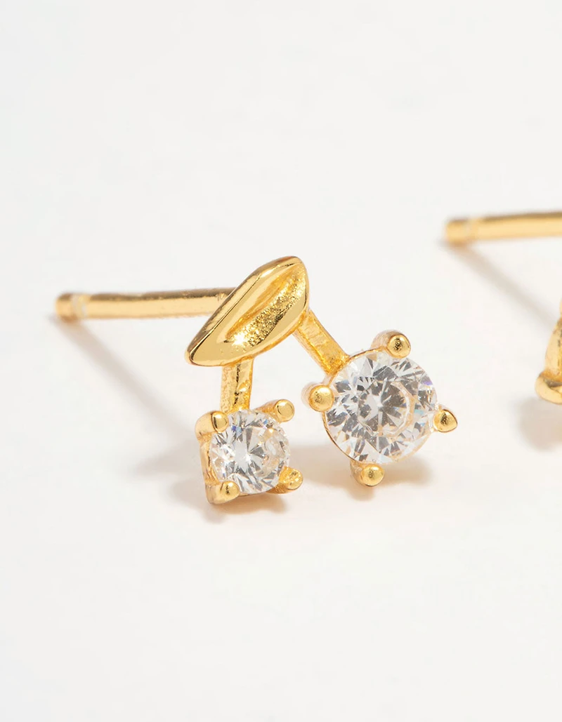 Gold Plated Sterling Silver Cubic Zirconia Cherry Stud Earrings
