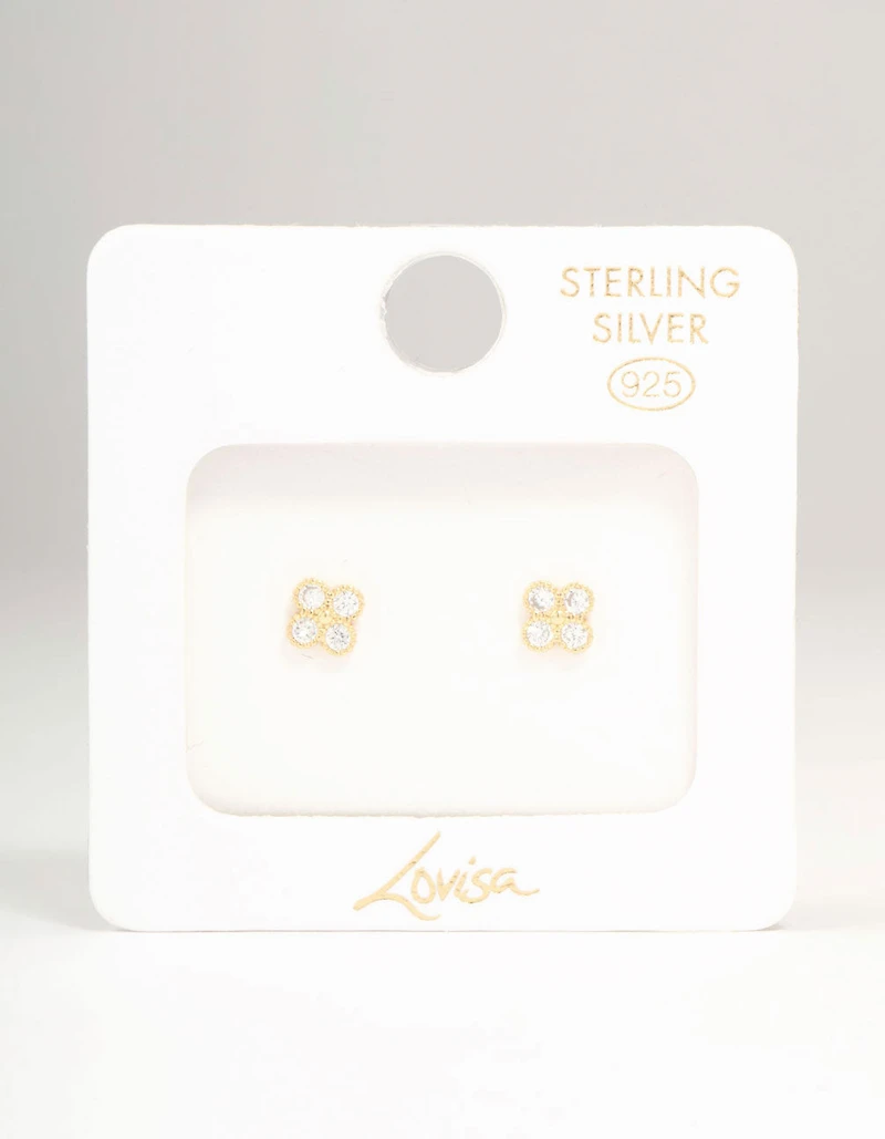Gold Plated Sterling Silver Cubic Zirconia Flower Stud Earrings