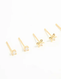 Gold Plated Sterling Silver Bow & Sleek Earrings 3-Pack