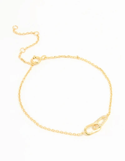 Gold Plated Sterling Silver Cubic Zirconia Link Oval Bracelet