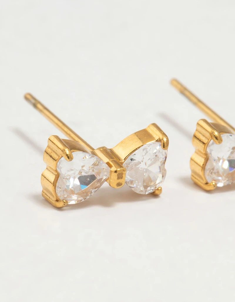 Gold Plated Surgical Steel Cubic Zirconia Heart Bow Stud Earrings