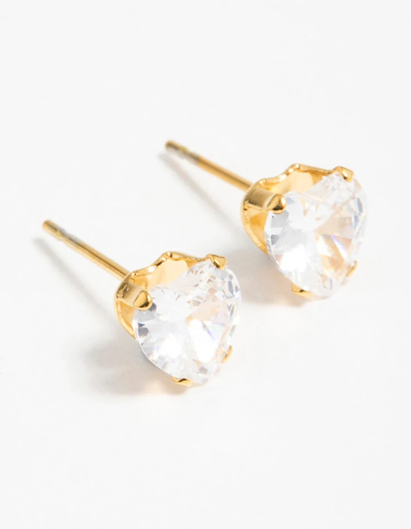 Gold Plated Surgical Steel Cubic Zirconia Heart Claw Stud Earrings