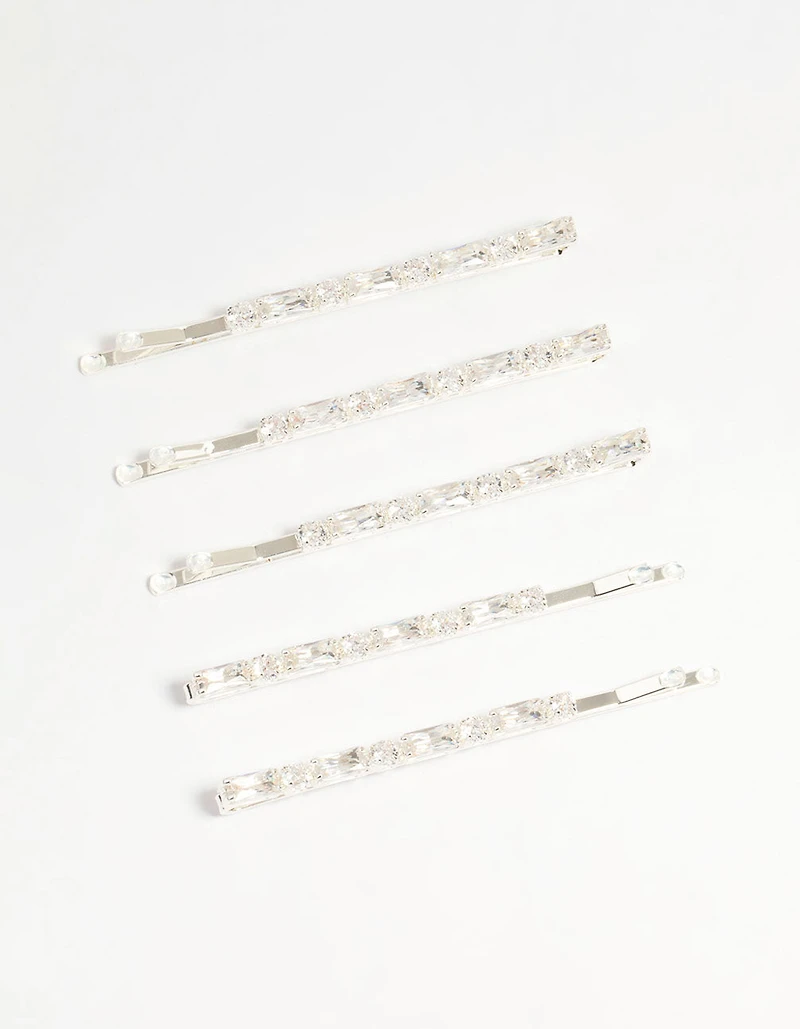 Silver Diamante Baguette & Round Hair Slides 5-Pack