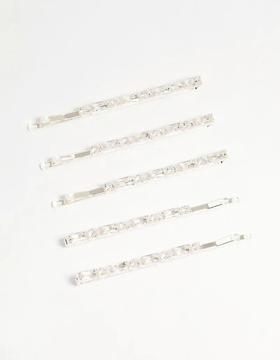 Silver Diamante Baguette & Round Hair Slides 5-Pack