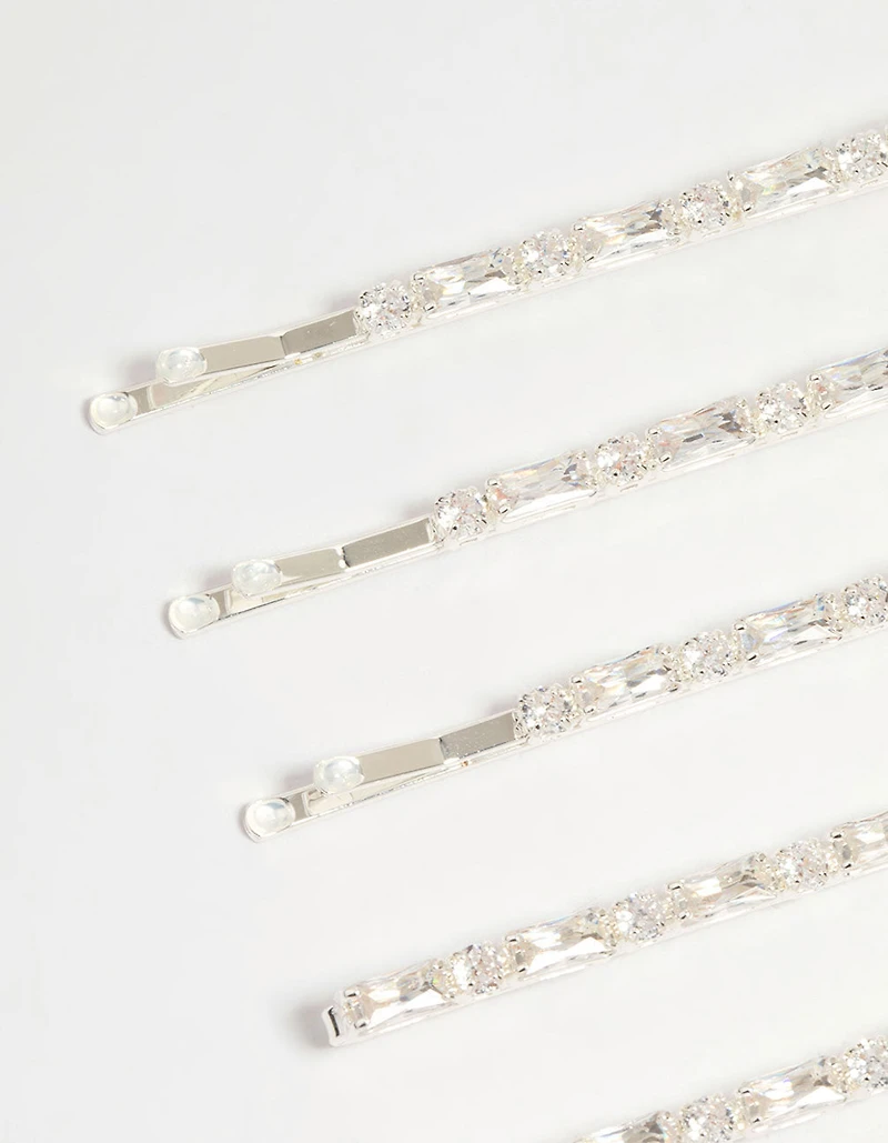 Silver Diamante Baguette & Round Hair Slides 5-Pack