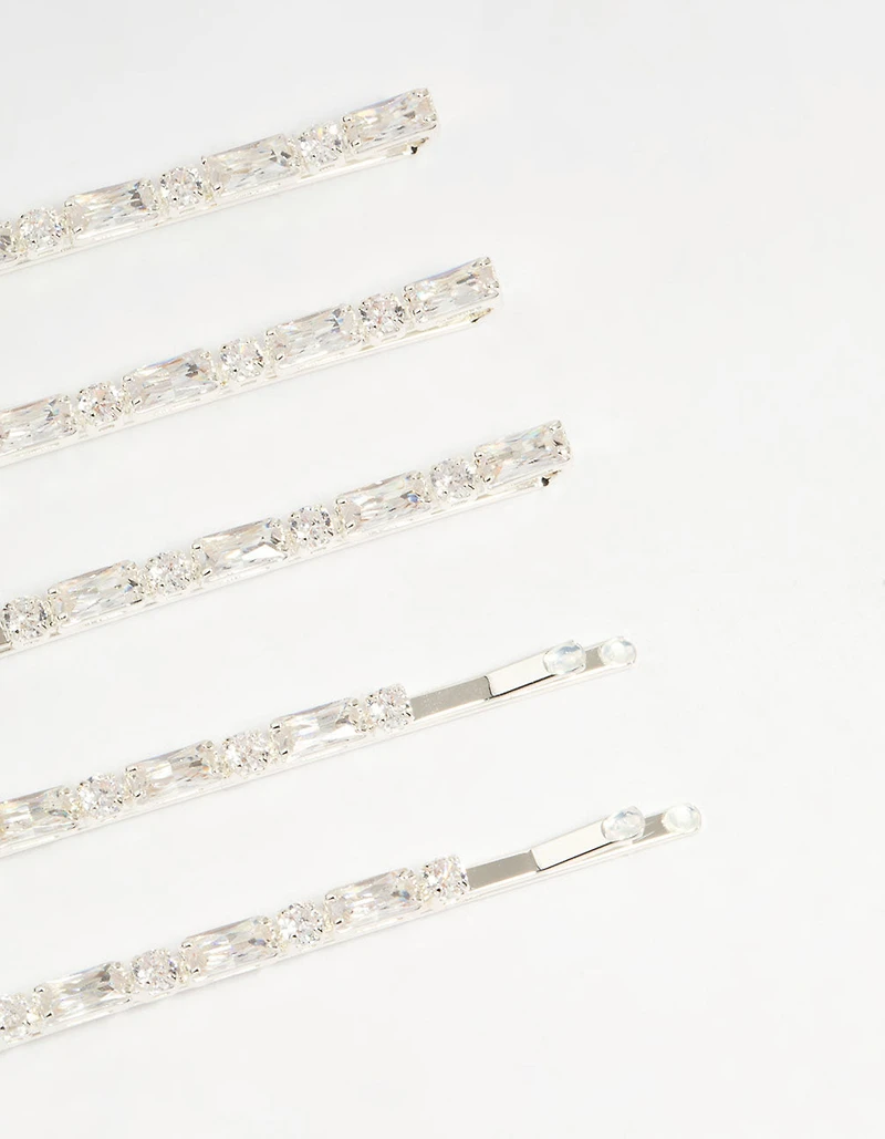 Silver Diamante Baguette & Round Hair Slides 5-Pack