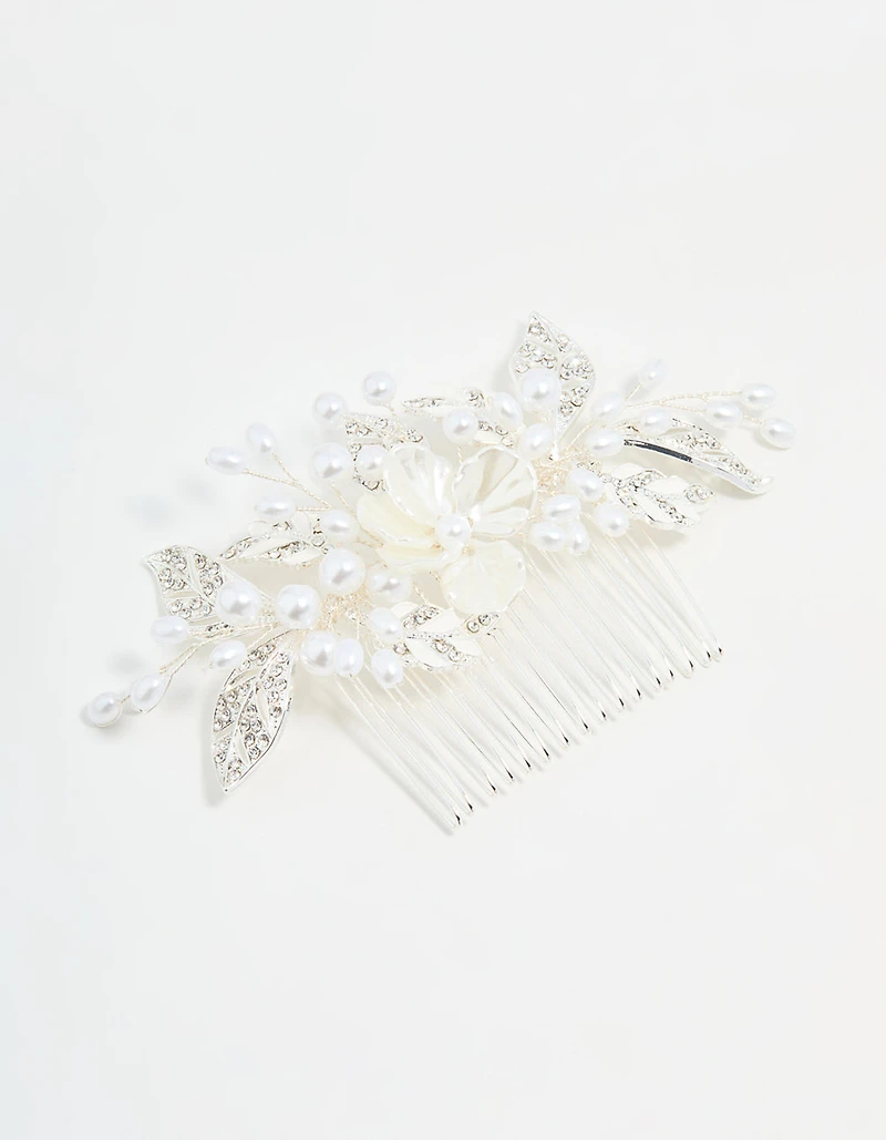 Silver Pearl Flower & Vine Hair Comb