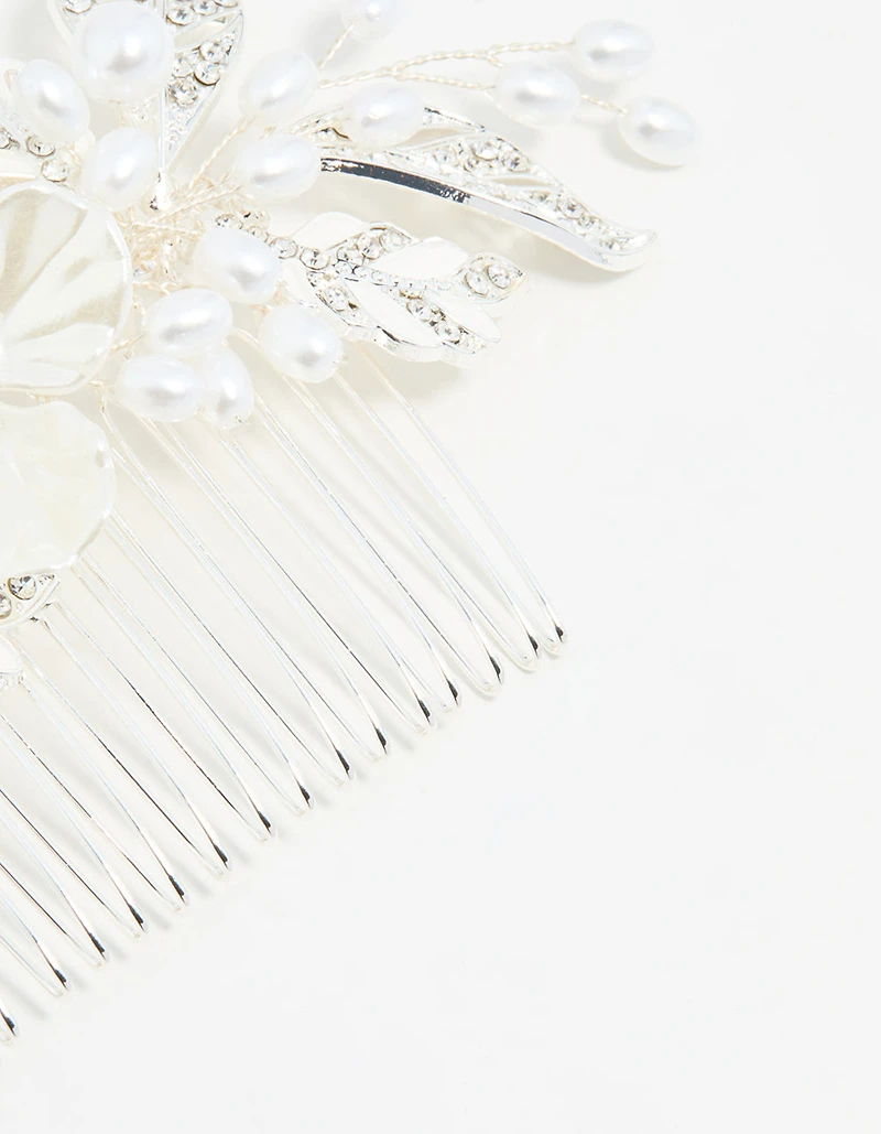 Silver Pearl Flower & Vine Hair Comb