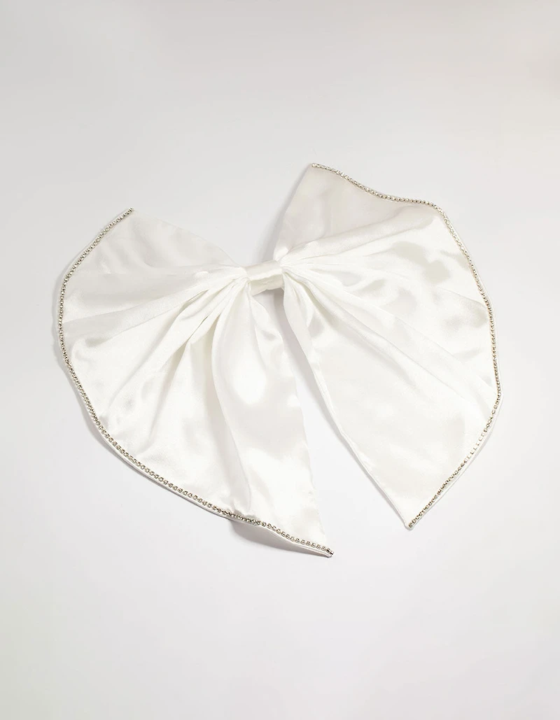 White Fabric Diamante Edge Cascading Bow Clip