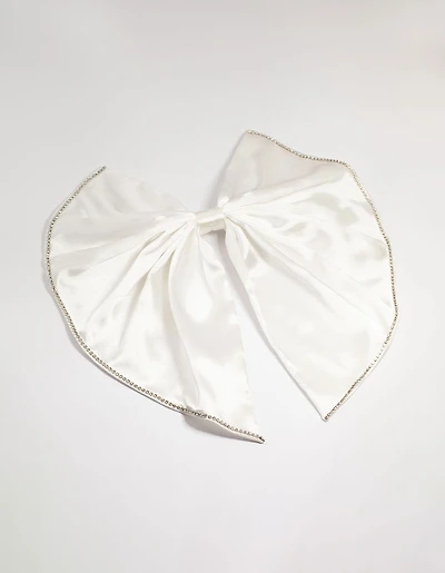 White Fabric Diamante Edge Cascading Bow Clip