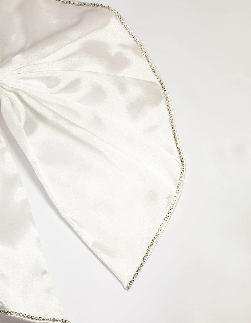 White Fabric Diamante Edge Cascading Bow Clip