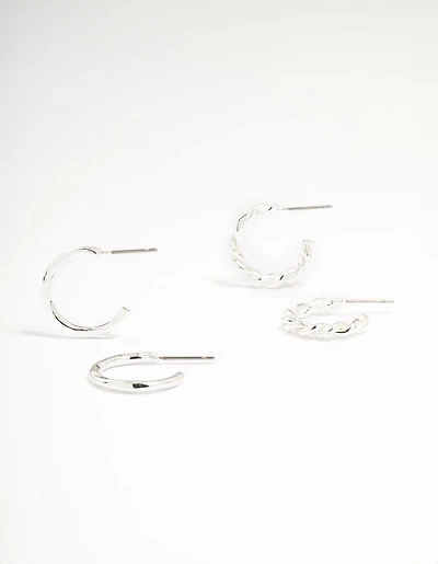 Silver Thin Twisted Hoop Earrings 2-Pack