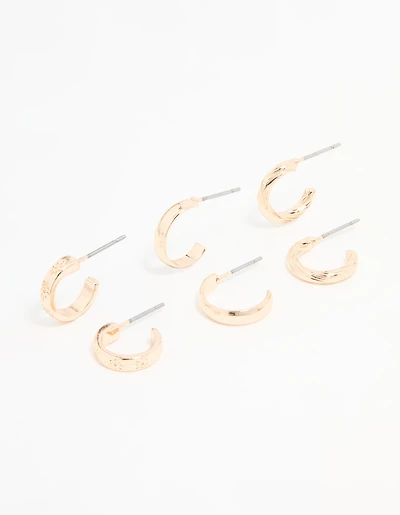 Gold Textured & Sleek Hoop Earrings 3-Pack