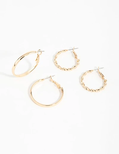 Gold Flat Twist Mixed Hoop Earrings 2-Pack