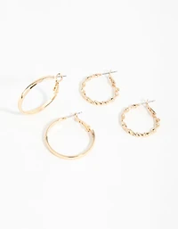Gold Flat Twist Mixed Hoop Earrings 2-Pack