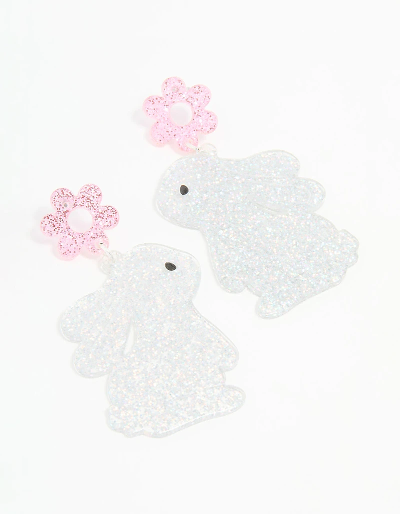 Silver Glitter Flower Bunny Drop Earrings