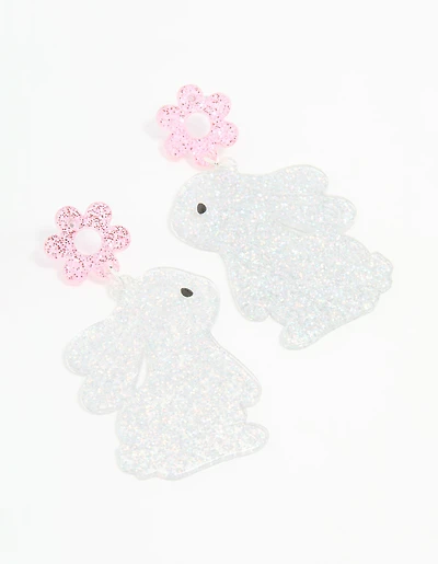 Silver Glitter Flower Bunny Drop Earrings