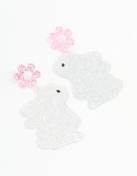 Silver Glitter Flower Bunny Drop Earrings