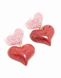 Silver Red & Pink Bubble Heart Drop Earrings
